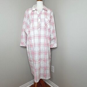 FOXCROFT NWT Dress 24W Collared w Tab Button Front Plaid Crinkle Fabric Wht Pink